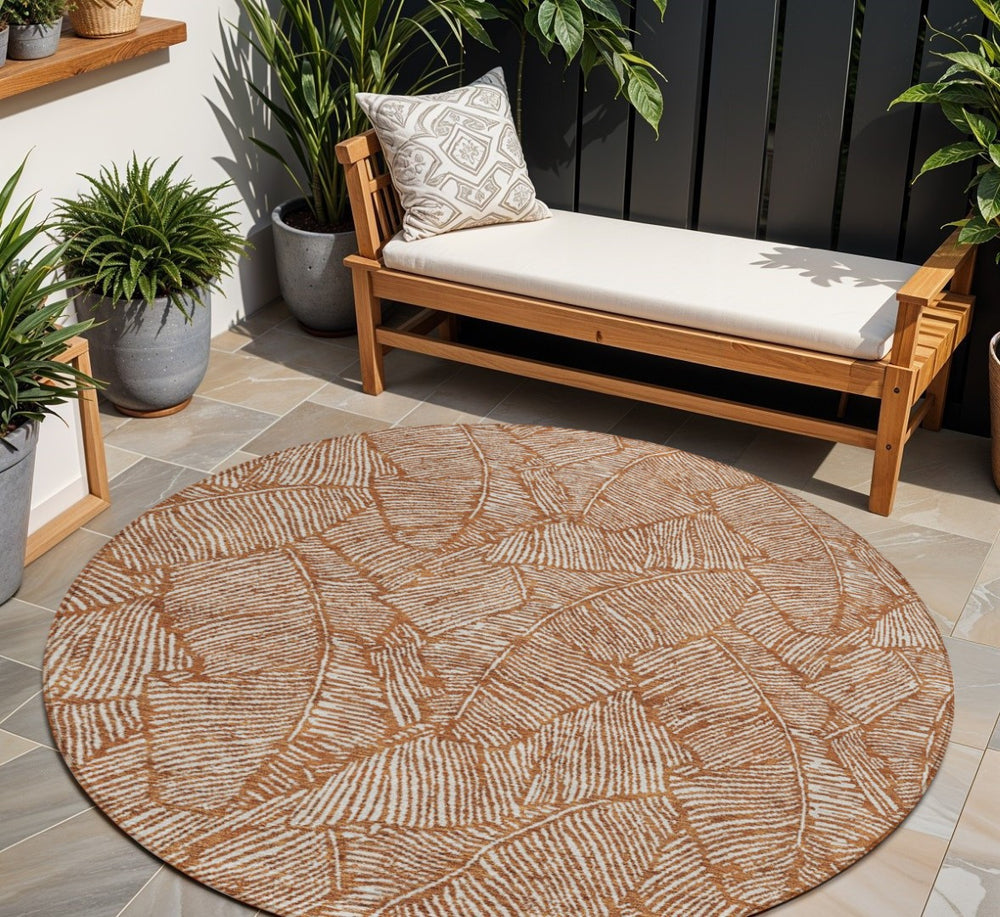 HomeRoots 5' Copper and Beige Floral Area Rug - Durable, Washable Design for Indoor and Outdoor Elegance 8' Round 594655