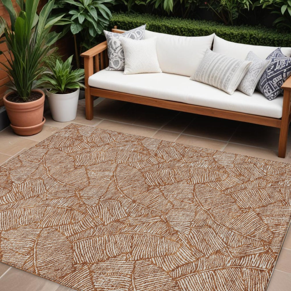 HomeRoots 9' X 12' Copper Floral Washable Area Rug for Indoor/Outdoor Use – Durable, Stylish, Easy Care Design 594657
