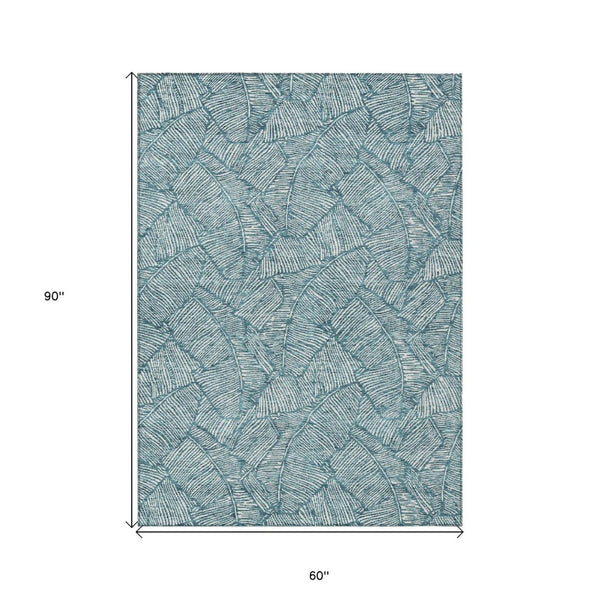 HomeRoots 5' Teal Blue and Ivory Floral Area Rug - Durable, Washable Design for Indoor and Outdoor Spaces 5' X 8' 594666