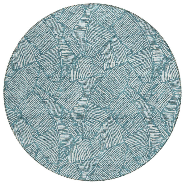 HomeRoots 5' Teal Blue and Ivory Floral Area Rug - Durable, Washable Design for Indoor and Outdoor Spaces 8' Round 594667