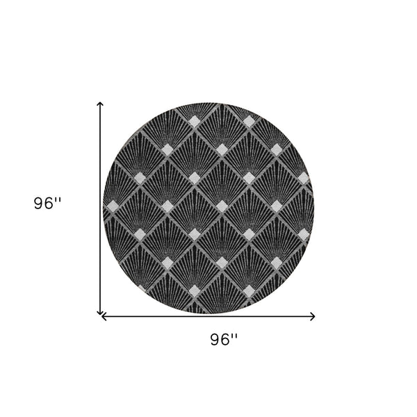 HomeRoots 5' Versatile Geometric Area Rug in Black, Gray & Ivory – Durable, Washable for Indoor/Outdoor Use 8' Round 594685