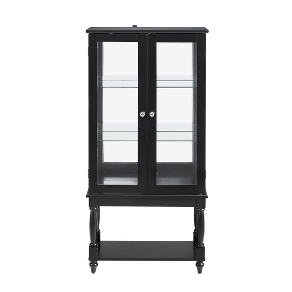 English Elm Curio Lighted Display Cabinet with Mirrored Back, Tempered Glass Doors, Solid Wood Legs, Compact Black W1693P216943