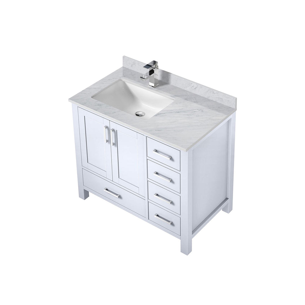 English Elm White 36 in Bath Vanity with Left Carrara Marble Top, Soft-Close Drawers, Chrome Faucet Set B2731P259017