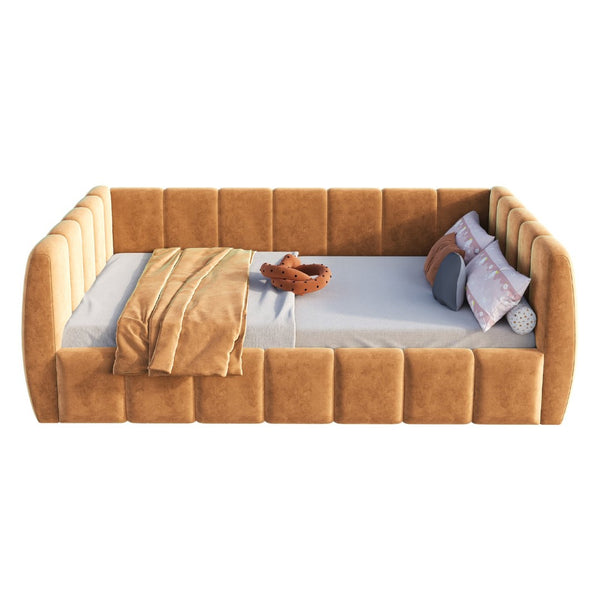 English Elm Upholstered Velvet Toddler Daybed with Removable Guardrails and Solid Slat Support Orange N899P452426C