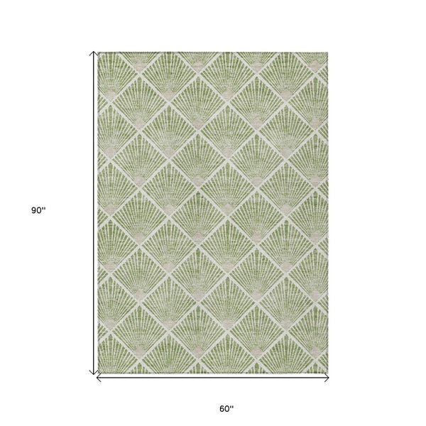 HomeRoots 5' Stylish Geometric Washable Area Rug in Green Beige Ivory - Perfect for Indoor and Outdoor Use! 5' X 8' 594702