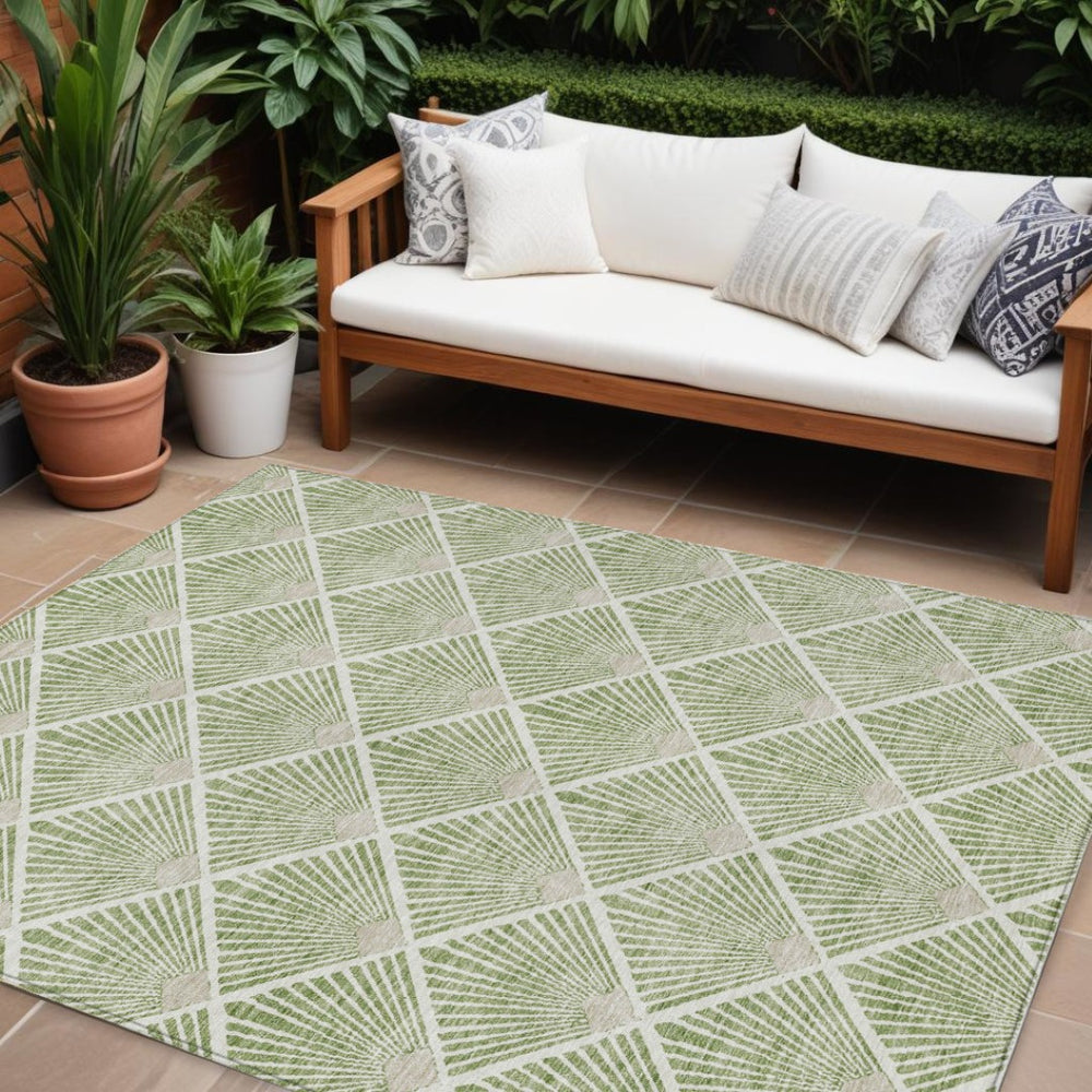HomeRoots 9' Modern Green Beige Ivory Geometric Indoor Outdoor Area Rug - Washable & Durable for High Traffic Spaces 594705