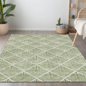 HomeRoots 9' Modern Green Beige Ivory Geometric Indoor Outdoor Area Rug - Washable & Durable for High Traffic Spaces 594705