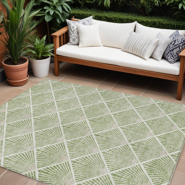 HomeRoots 5' Stylish Geometric Washable Area Rug in Green Beige Ivory - Perfect for Indoor and Outdoor Use! 10' X 14' 594706