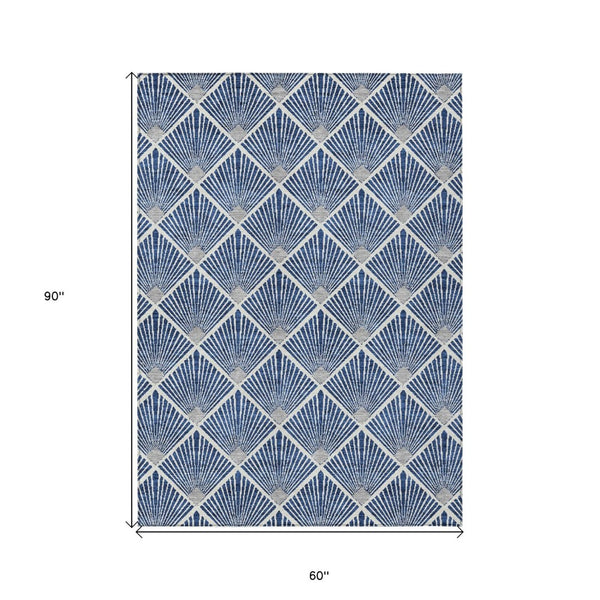 HomeRoots 5' Stylish Navy Blue, Gray & Ivory Geometric Area Rug - Washable for Indoor/Outdoor Use, Durable Design 5' X 8' 594726