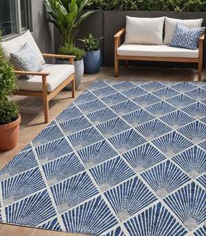 HomeRoots 5' Stylish Navy Blue, Gray & Ivory Geometric Area Rug - Washable for Indoor/Outdoor Use, Durable Design 5' X 8' 594726