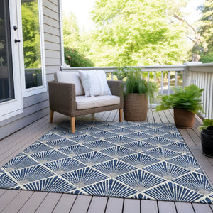 HomeRoots 5' Stylish Navy Blue, Gray & Ivory Geometric Area Rug - Washable for Indoor/Outdoor Use, Durable Design 5' X 8' 594726