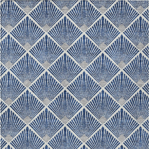 HomeRoots 5' Stylish Navy Blue, Gray & Ivory Geometric Area Rug - Washable for Indoor/Outdoor Use, Durable Design 5' X 8' 594726