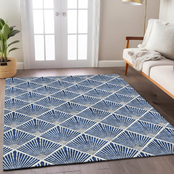HomeRoots 5' Stylish Navy Blue, Gray & Ivory Geometric Area Rug - Washable for Indoor/Outdoor Use, Durable Design 5' X 8' 594726