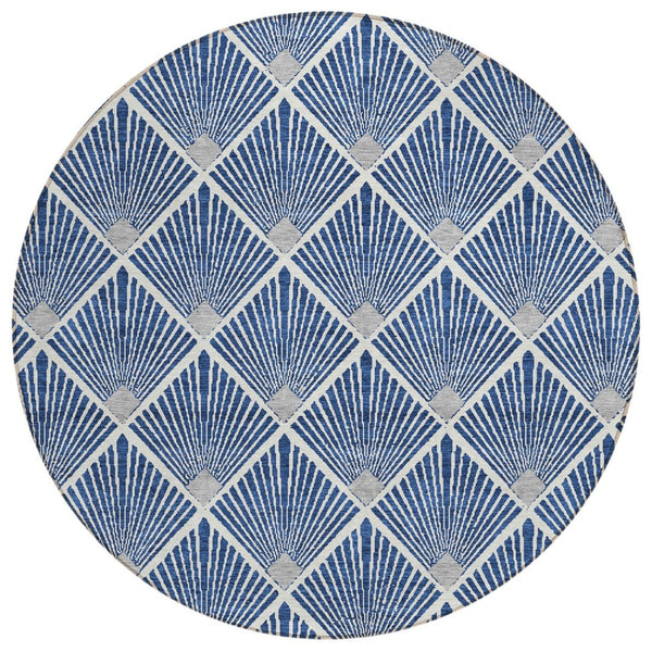 HomeRoots 5' Stylish Navy Blue, Gray & Ivory Geometric Area Rug - Washable for Indoor/Outdoor Use, Durable Design 8' Round 594727