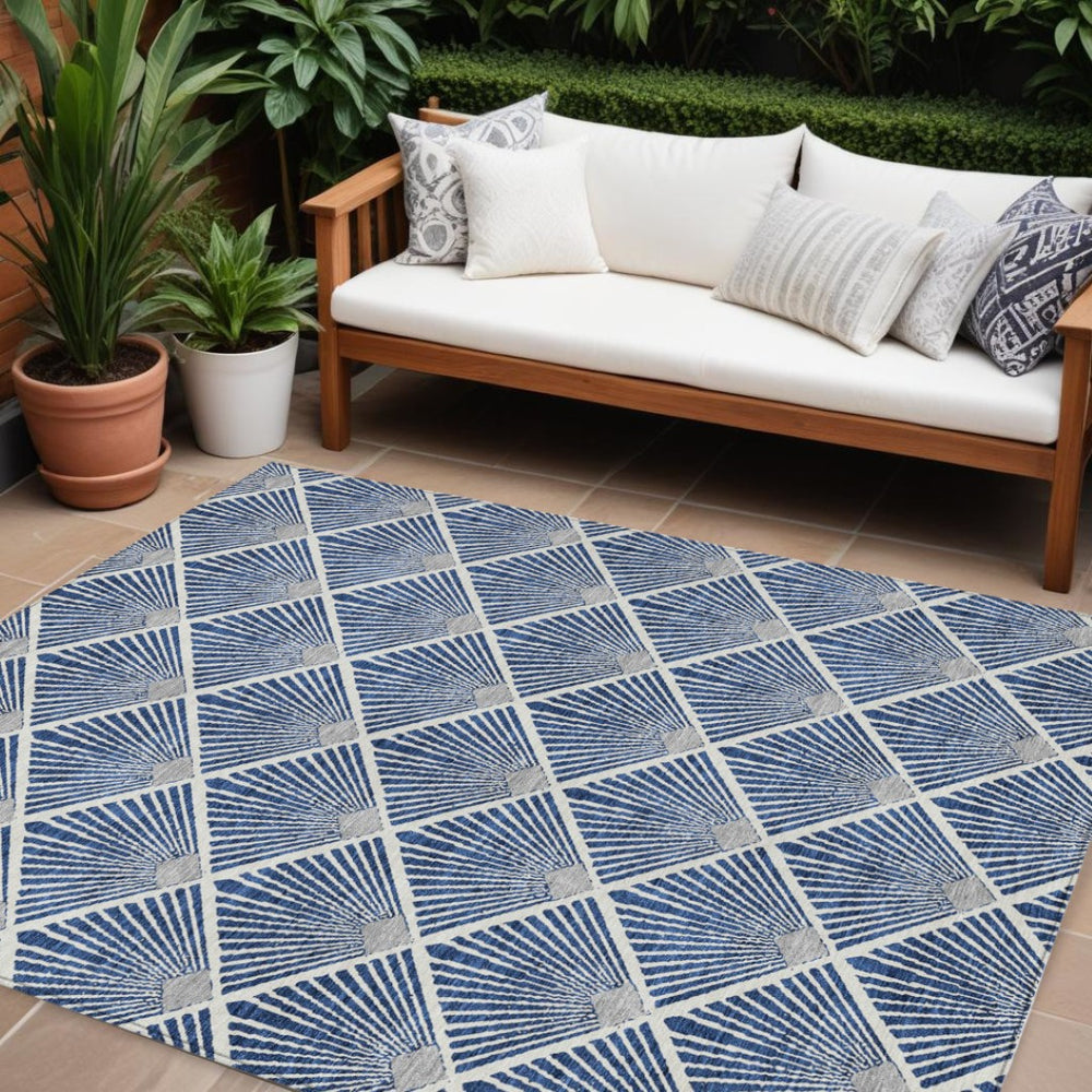 HomeRoots 9' X 12' Navy Blue, Gray & Ivory Geometric Rug - Washable Indoor/Outdoor Area Rug for All Spaces 594729