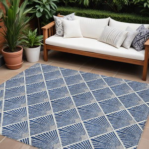 HomeRoots 9' X 12' Navy Blue, Gray & Ivory Geometric Rug - Washable Indoor/Outdoor Area Rug for All Spaces 594729