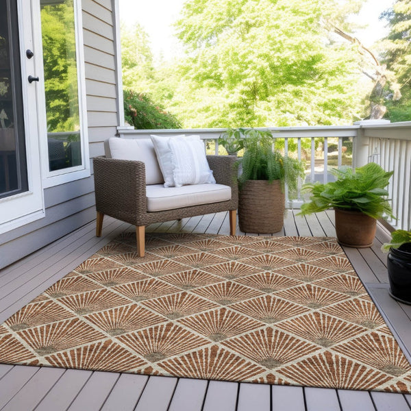 HomeRoots 5' Brown Copper and Beige Geometric Area Rug - Stylish, Washable, Durable for Indoor/Outdoor Use 5' X 8' 594738