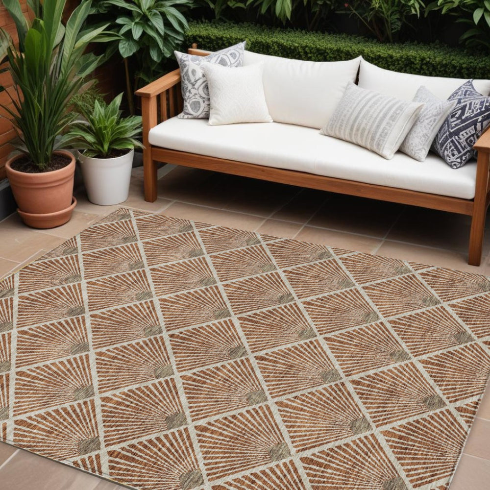 HomeRoots 9' Geometric Washable Indoor Outdoor Area Rug in Brown, Copper & Beige - Durable, Stylish & Versatile 594741