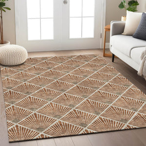 HomeRoots 5' Brown Copper and Beige Geometric Area Rug - Stylish, Washable, Durable for Indoor/Outdoor Use 10' X 14' 594742
