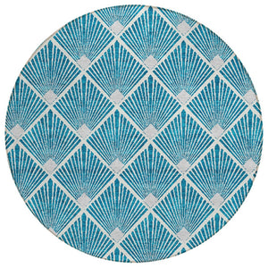 HomeRoots 5' Teal Blue and Ivory Geometric Area Rug – Stylish, Washable, Durable for Indoor and Outdoor Spaces 8' Round 594745