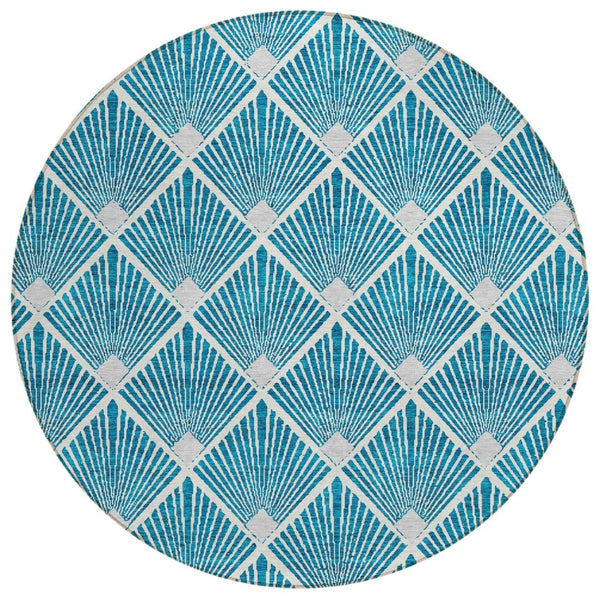 HomeRoots 5' Teal Blue and Ivory Geometric Area Rug – Stylish, Washable, Durable for Indoor and Outdoor Spaces 8' Round 594745