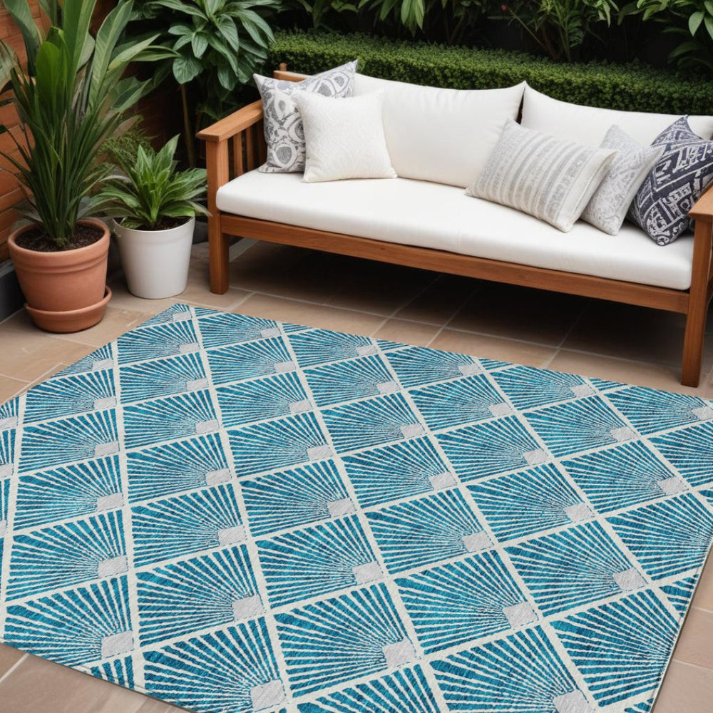 HomeRoots 5' Teal Blue and Ivory Geometric Area Rug – Stylish, Washable, Durable for Indoor and Outdoor Spaces 8' X 10' 594746