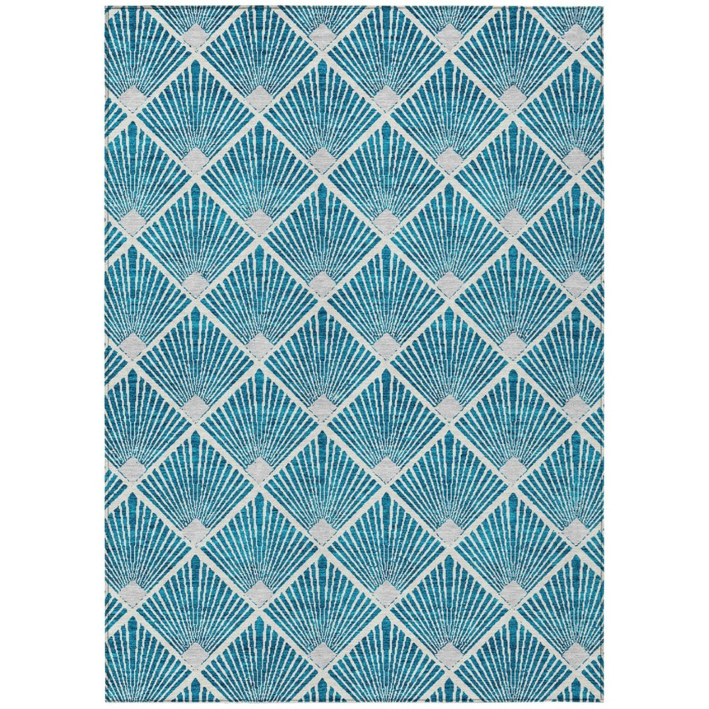 HomeRoots 5' Teal Blue and Ivory Geometric Area Rug – Stylish, Washable, Durable for Indoor and Outdoor Spaces 8' X 10' 594746