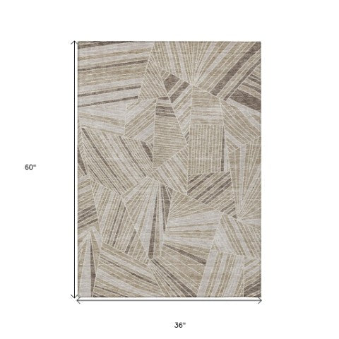 Homeroots 3' Stylish Geometric Beige Brown And Ivory Washable Area Rug For Indoor And Outdoor Spaces 3' X 5' Polyester 594749