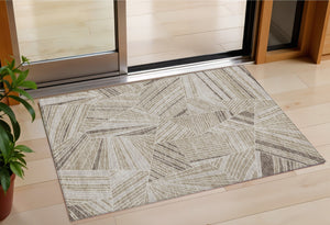 Homeroots 3' Stylish Geometric Beige Brown And Ivory Washable Area Rug For Indoor And Outdoor Spaces 3' X 5' Polyester 594749