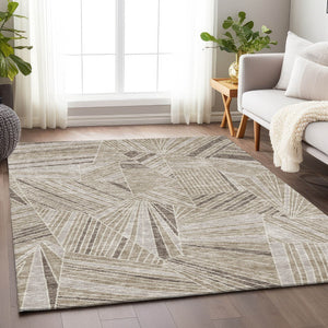 Homeroots 3' Stylish Geometric Beige Brown And Ivory Washable Area Rug For Indoor And Outdoor Spaces 5' X 8' Polyester 594750