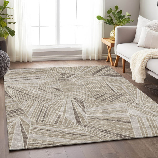 Homeroots 3' Stylish Geometric Beige Brown And Ivory Washable Area Rug For Indoor And Outdoor Spaces 5' X 8' Polyester 594750