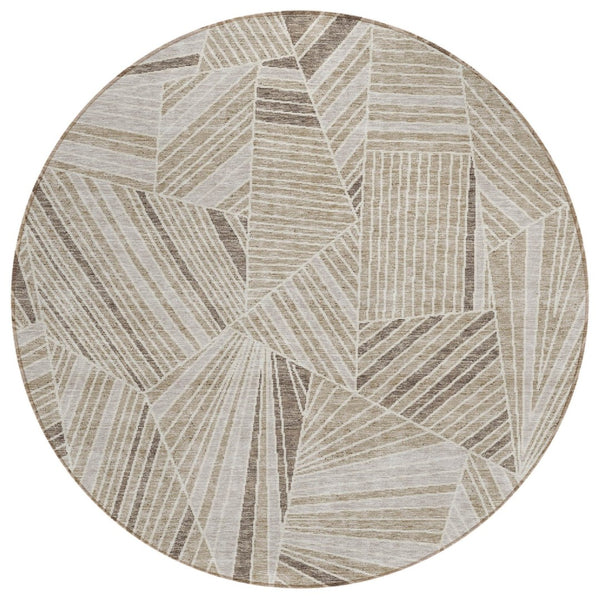 HomeRoots 5' Stylish Beige Brown and Ivory Geometric Area Rug - Washable, Durable for Indoor and Outdoor Use 8' Round 594751