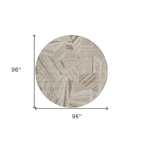 Homeroots 3' Stylish Geometric Beige Brown And Ivory Washable Area Rug For Indoor And Outdoor Spaces 8' Round Polyester 594751