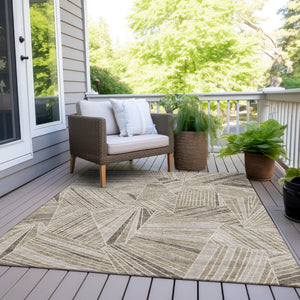 Homeroots 3' Stylish Geometric Beige Brown And Ivory Washable Area Rug For Indoor And Outdoor Spaces 8' X 10' Polyester 594752