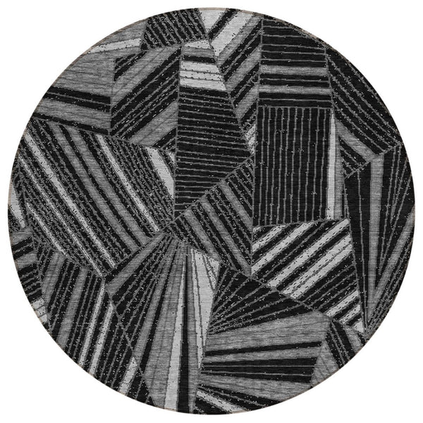 HomeRoots 5' Black and Gray Geometric Area Rug - Washable, Durable, Stylish for Indoor and Outdoor Spaces 8' Round 594757