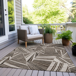 Homeroots 3' Stylish Geometric Beige Brown And Ivory Washable Area Rug For Indoor And Outdoor Spaces 3' X 5' Polyester 594761