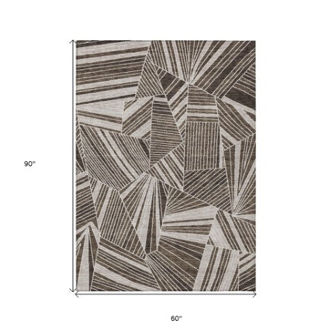 Homeroots 3' Stylish Geometric Beige Brown And Ivory Washable Area Rug For Indoor And Outdoor Spaces 5' X 8' Polyester 594762