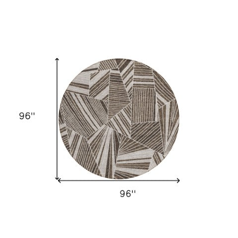 Homeroots 3' Stylish Geometric Beige Brown And Ivory Washable Area Rug For Indoor And Outdoor Spaces 8' Round Polyester 594763