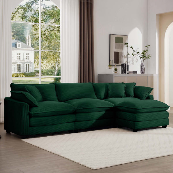 English Elm Corduroy L-Shaped 3-Seater Sofa With Ottoman – Stylish Green Comfort For Small Living Rooms W714S00817
