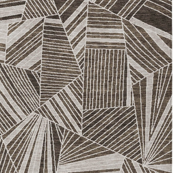 Homeroots 3' Stylish Geometric Beige Brown And Ivory Washable Area Rug For Indoor And Outdoor Spaces 9' X 12' Polyester 594765