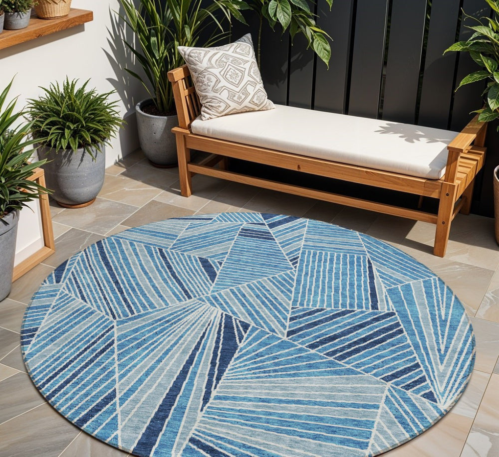 HomeRoots 5' Bold Blue and Teal Geometric Washable Area Rug - Perfect for Indoor and Outdoor Living Spaces 8' Round 594769
