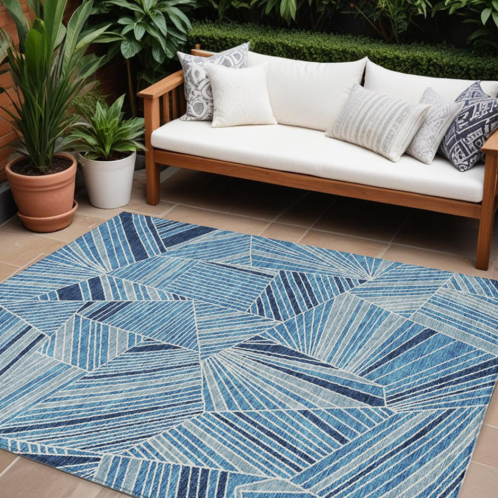 HomeRoots 9' X 12' Blue and Teal Geometric Area Rug – Durable, Washable, Indoor/Outdoor for High-Traffic Spaces 594771