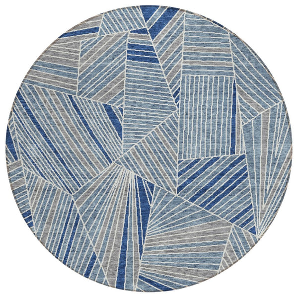 HomeRoots 5' Indoor Outdoor Washable Area Rug in Denim Blue, Gray & Ivory – Stylish, Durable, Easy Care! 8' Round 594775