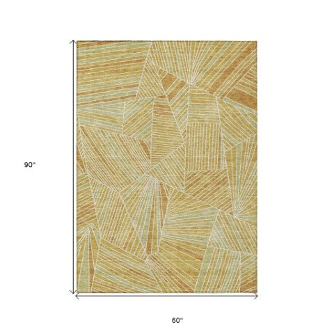 Homeroots 3' Stylish Geometric Beige Brown And Ivory Washable Area Rug For Indoor And Outdoor Spaces 5' X 8' Polyester 594786