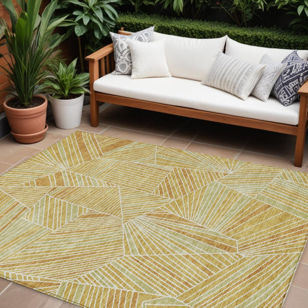 HomeRoots 9' X 12' Modern Gold Copper Brown Geometric Indoor Outdoor Area Rug - Stain Resistant & Washable! 594789