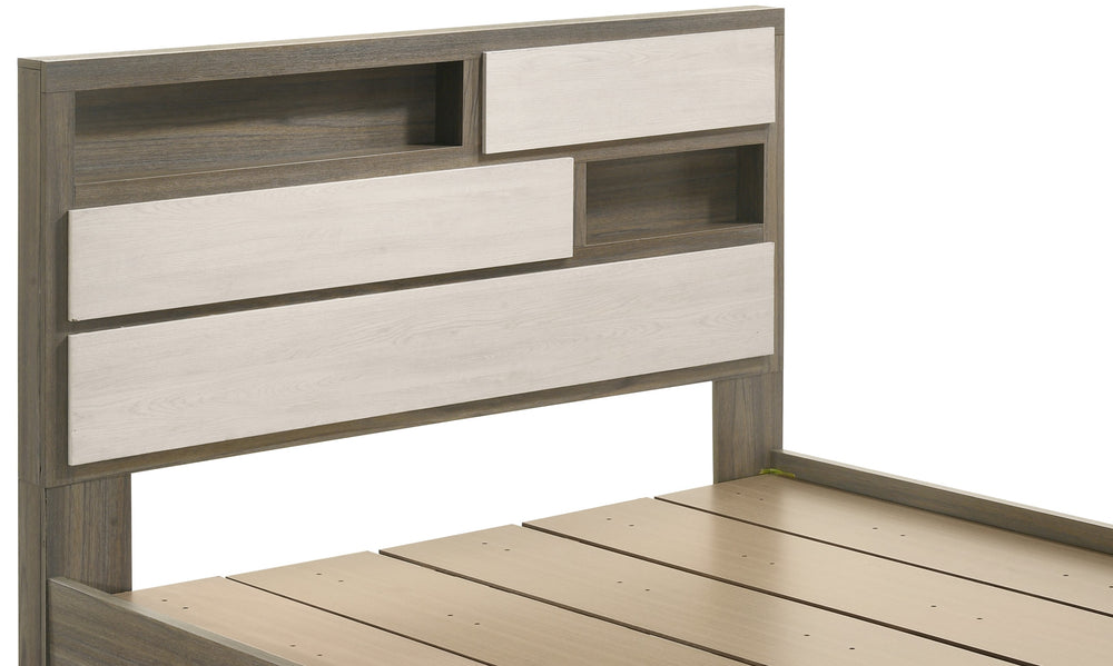 English Elm Gem Full Platform Bed with Two-Tone Headboard, Built-In Storage Shelves, Solid & Engineered Wood Finish B009S01512