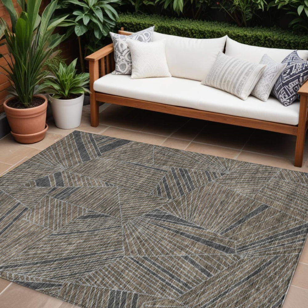 HomeRoots 9' X 12' Versatile Brown, Black & Gray Geometric Area Rug - Washable, Durable for Indoor/Outdoor Use 594801