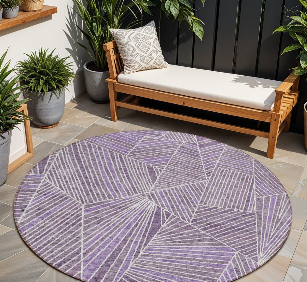 HomeRoots 5' Durable Purple and Ivory Geometric Area Rug for Indoor and Outdoor High-Traffic Spaces 8' Round 594805