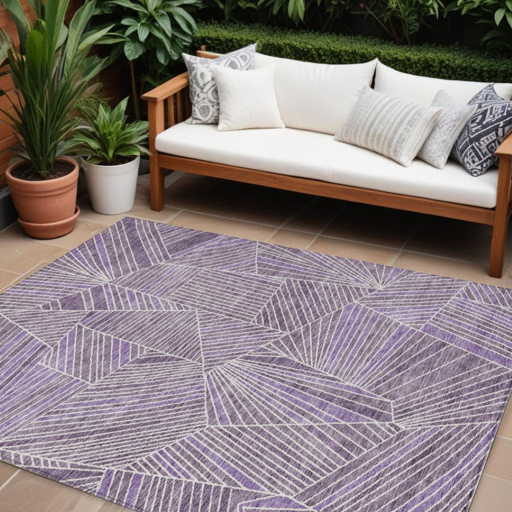 HomeRoots 9' X 12' Purple and Ivory Geometric Washable Area Rug for Indoor and Outdoor Spaces - Stylish & Durable! 594807