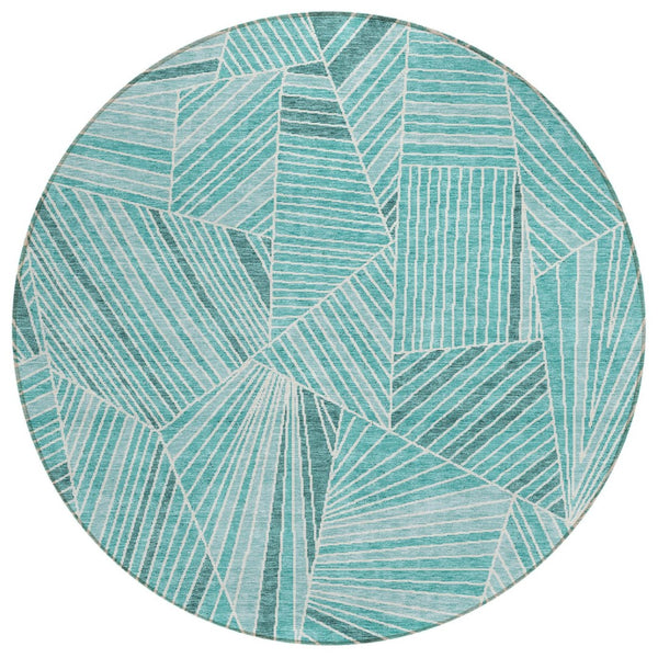 HomeRoots 5' Stylish Teal Blue and Ivory Geometric Area Rug – Durable, Washable for Indoor/Outdoor Spaces 8' Round 594811